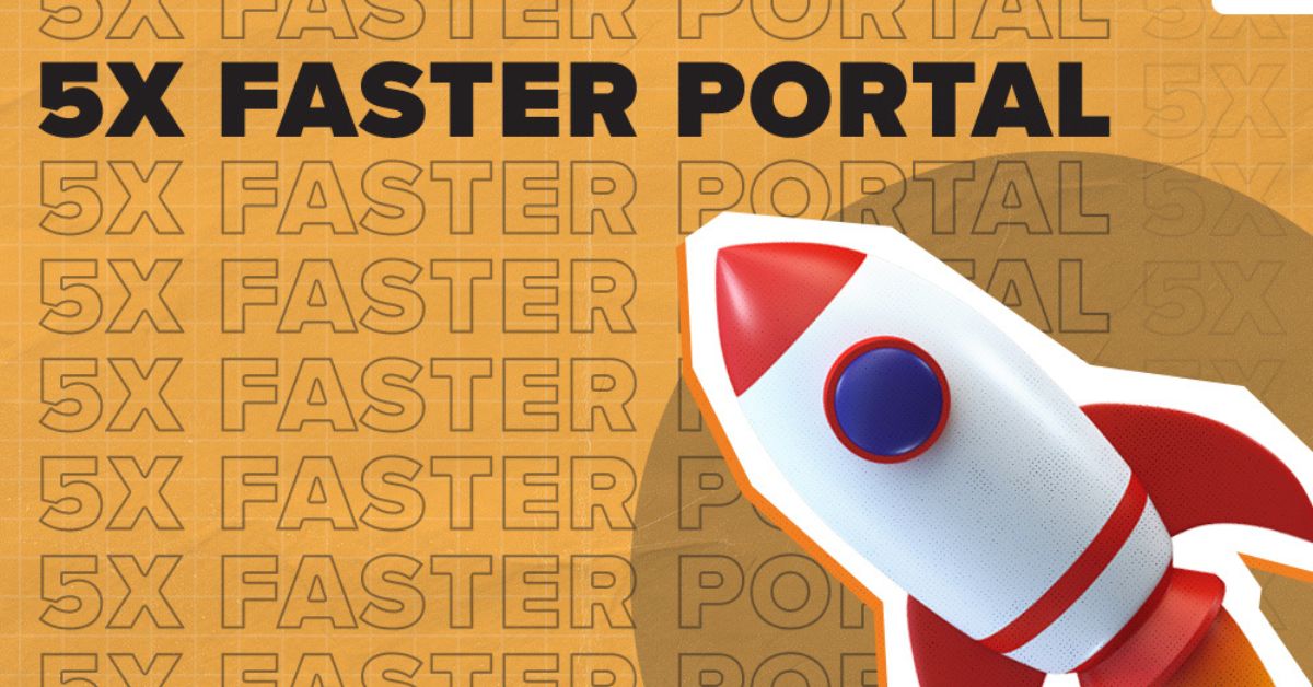 A rocket ship with a background text "5X FASTER PORTAL" in uppercase