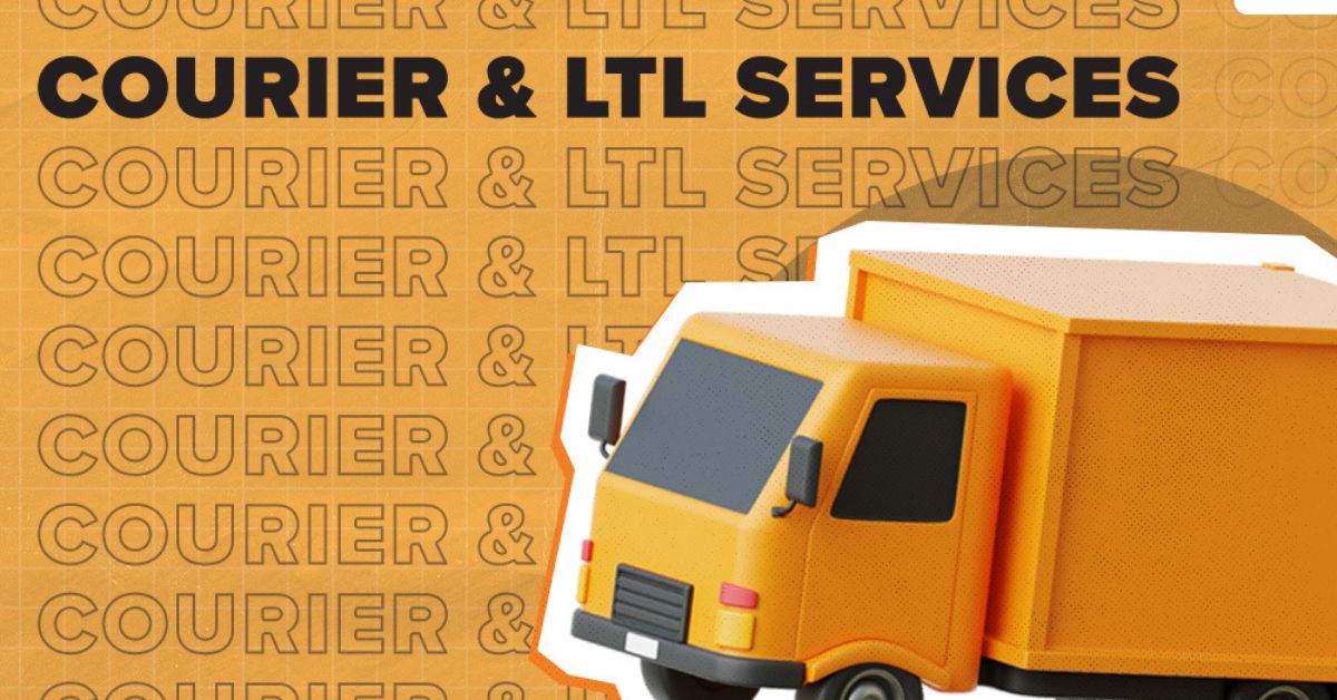 A yellow delivery van with background text "COURIER & LTL SERVICES" in uppercase