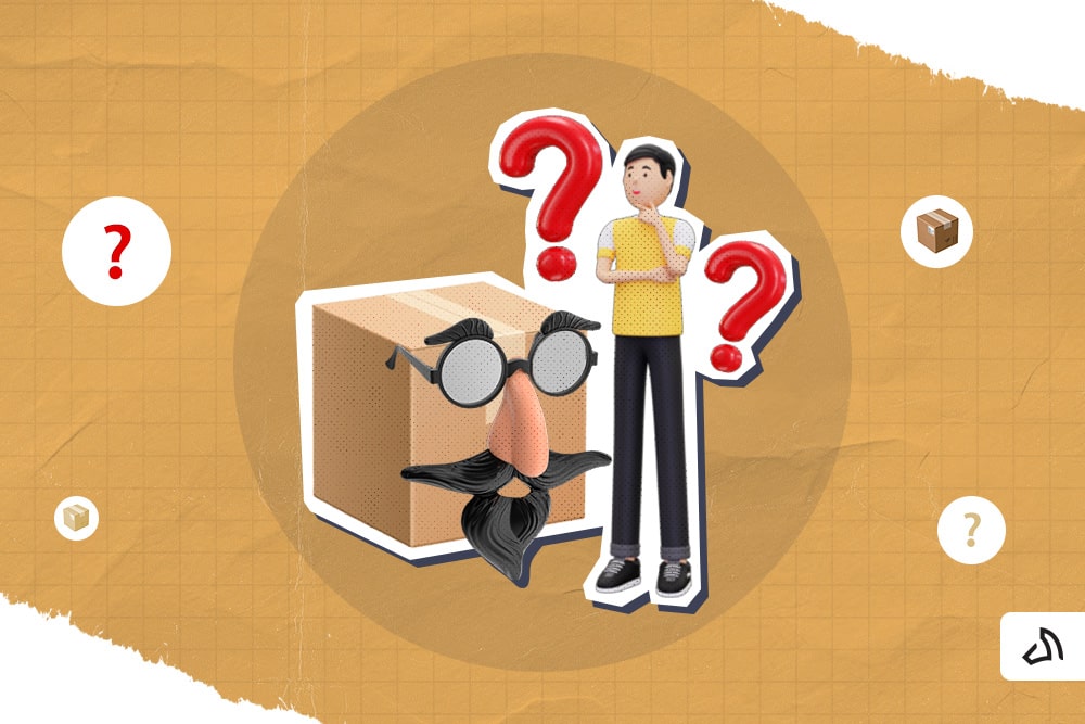 A 3D-rendered person with two red question marks and a box wearing a disguise