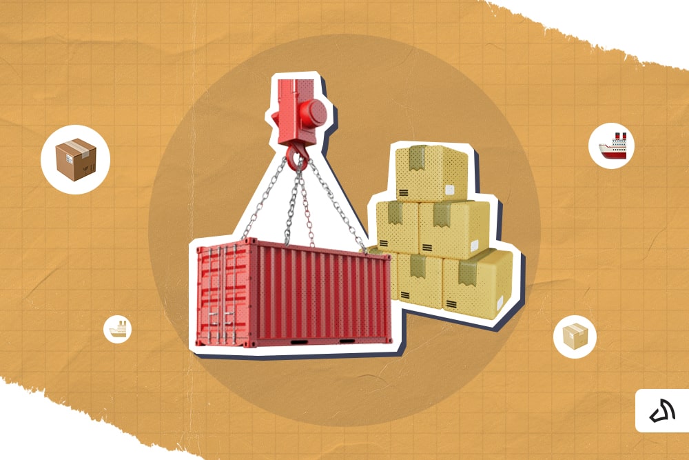 A crane pulling up a shipping container with a piles of boxes beside it