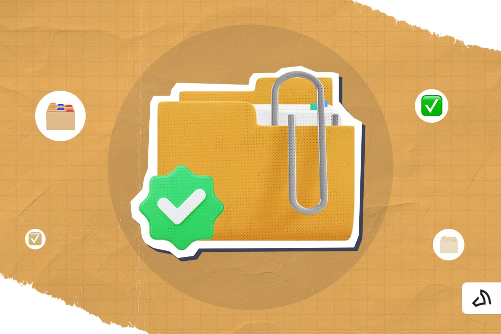 A folder with a clip and a green check