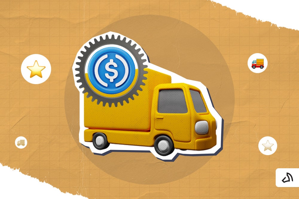 A gear cog with the dollar sign connected to a yellow delivery van