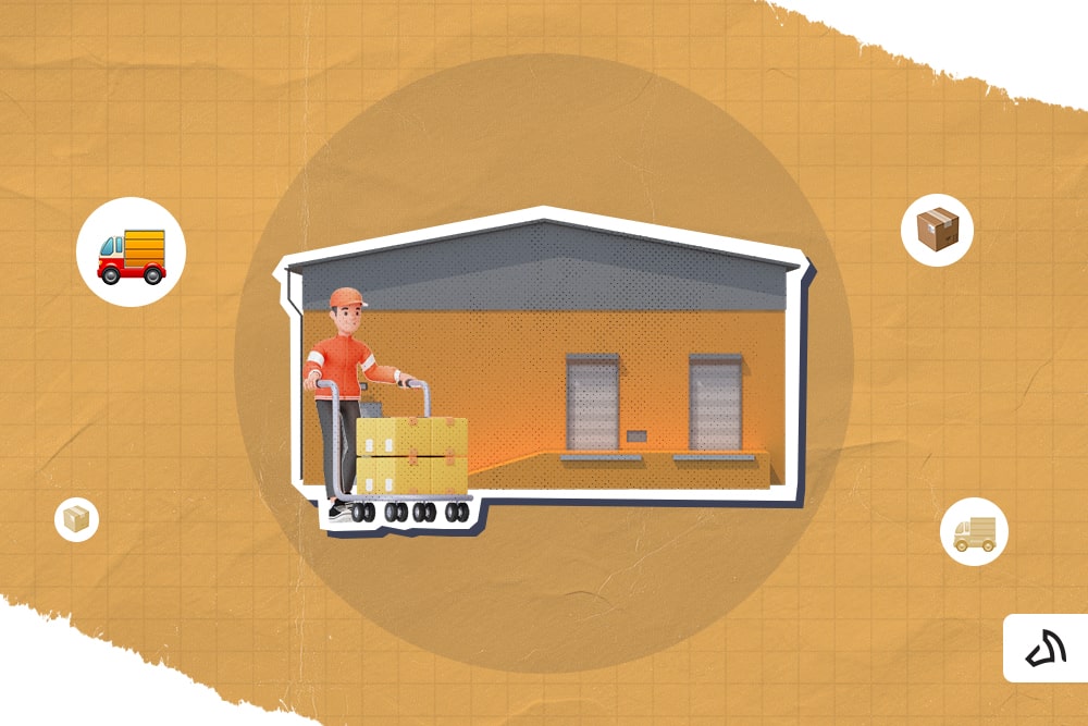 A warehouse staff pushing a trolley with boxes