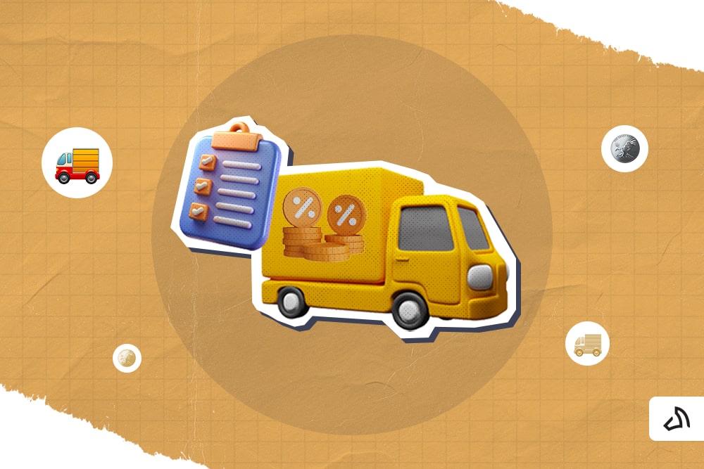 A yellow delivery truck with a percentage icon and gold coins with a checklist