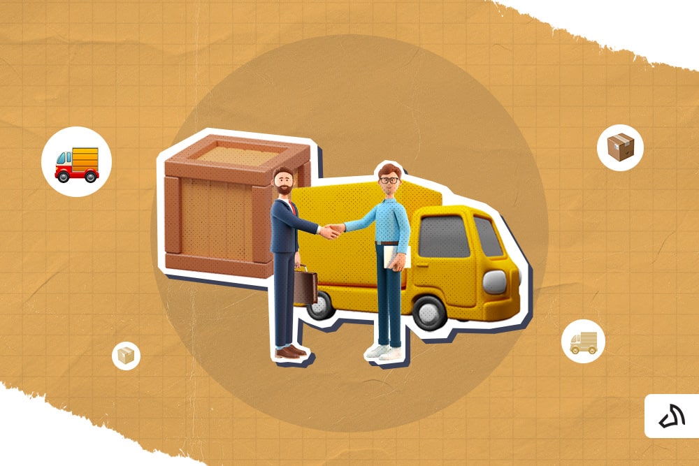 Two people shaking hands with each other with a van and a crate behind them